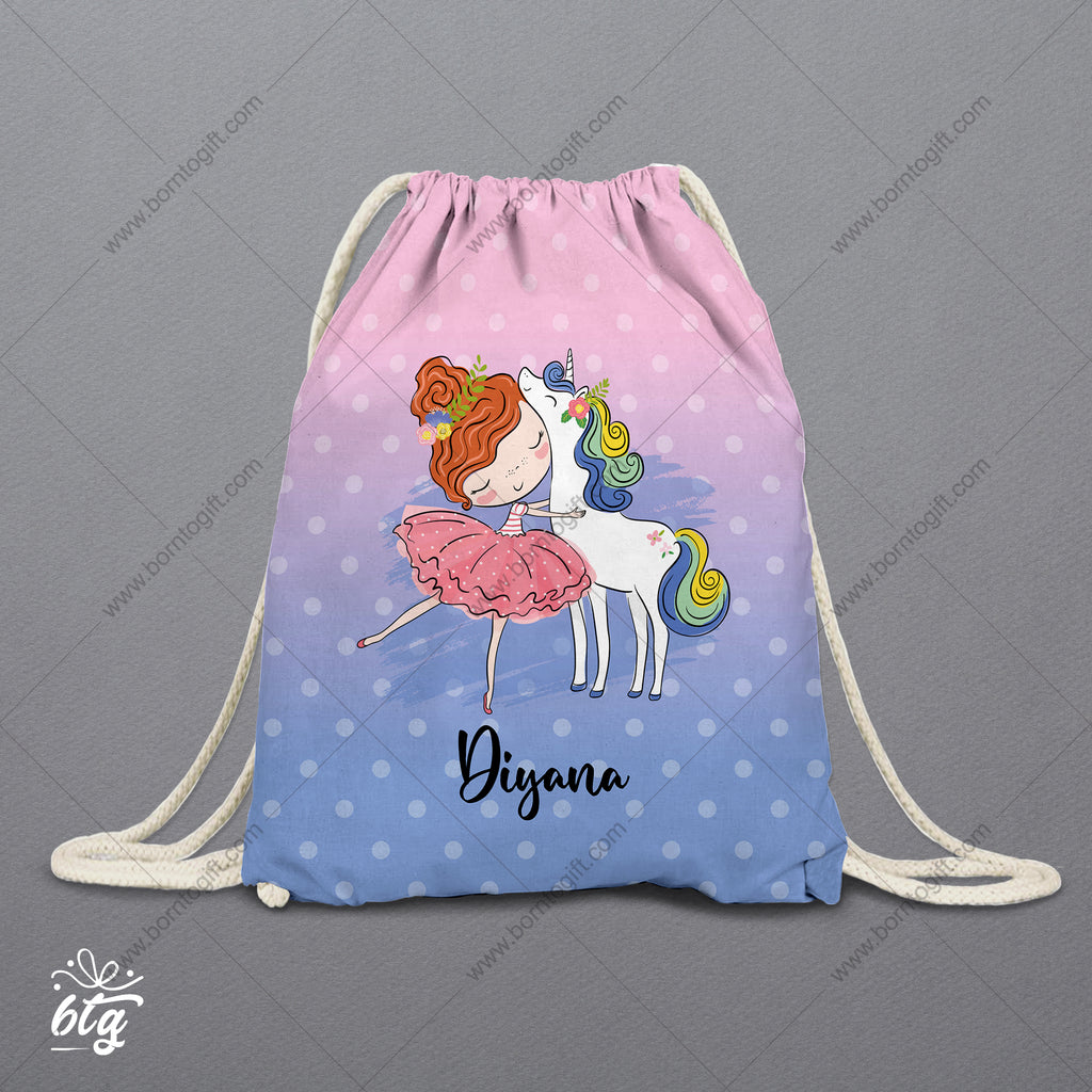 Personalised Drawstring Bag - Unicorn with girl