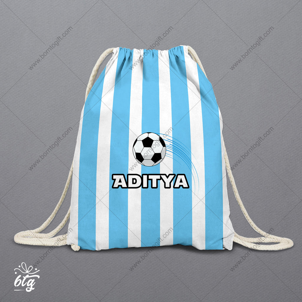 Personalised Drawstring Bag - Football Blue White Stripes