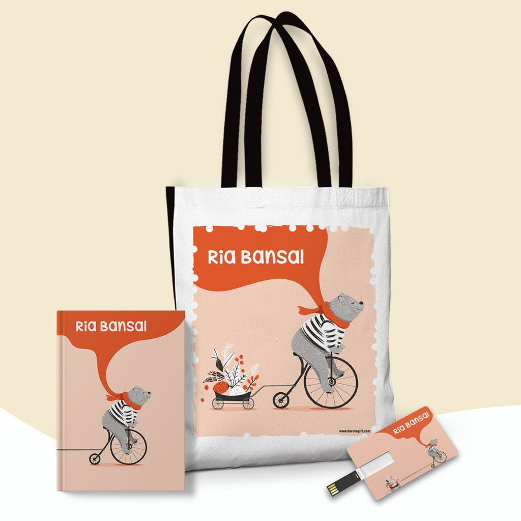 Raksha Bandhan - Personalised Gift Hamper for Sister (Tote Bag, Notebook and Credit Card Pendrive)