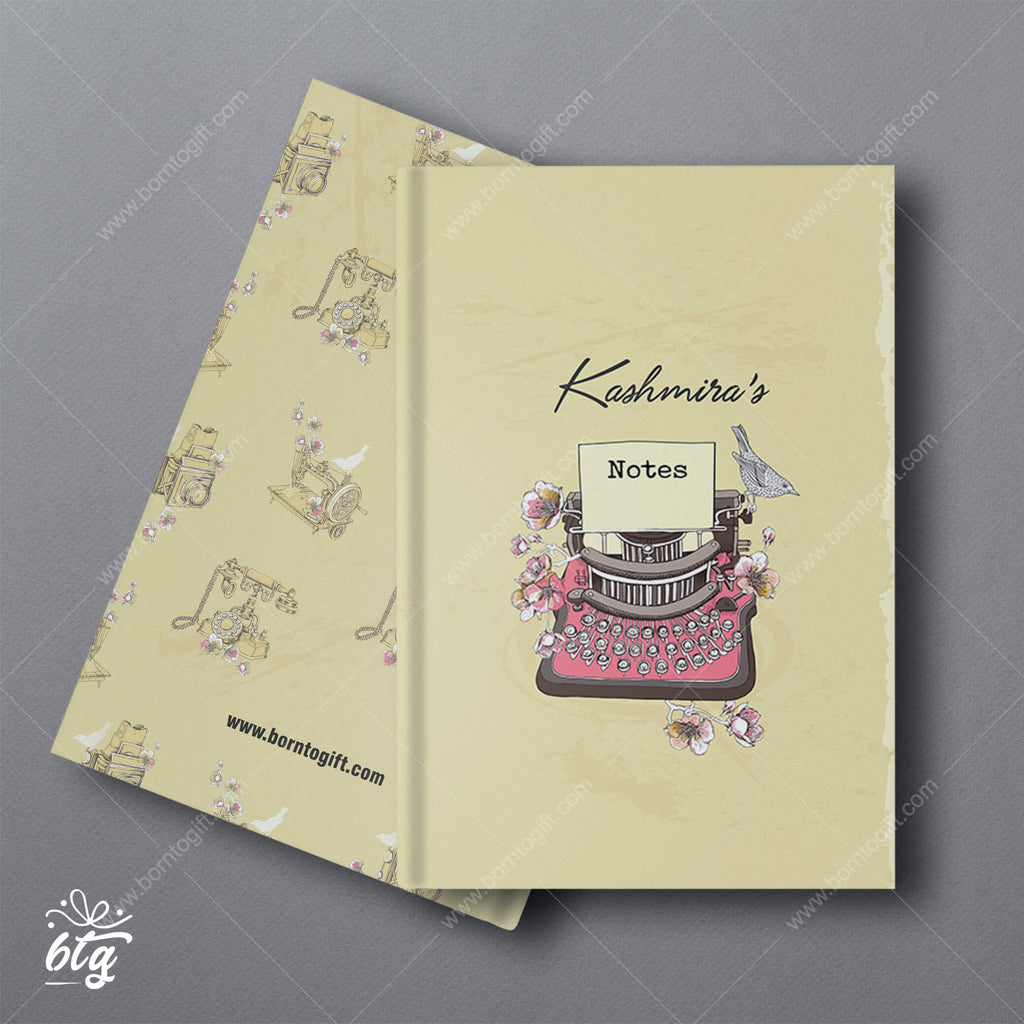 Personalised Hardbound Notebook - Vintage Telephone And Sewing With Hibiscus